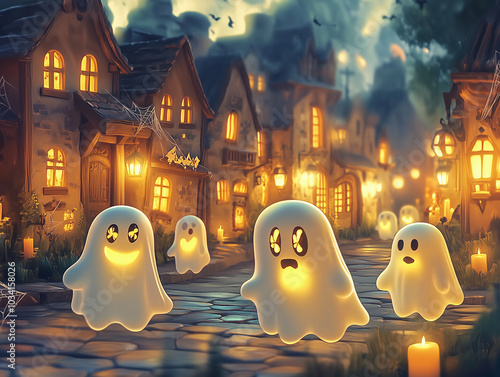 group of cute ghosts floating in a line through a Halloween-themed town. photo