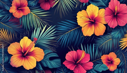 Vibrant Tropical Hibiscus Flowers and Lush Foliage