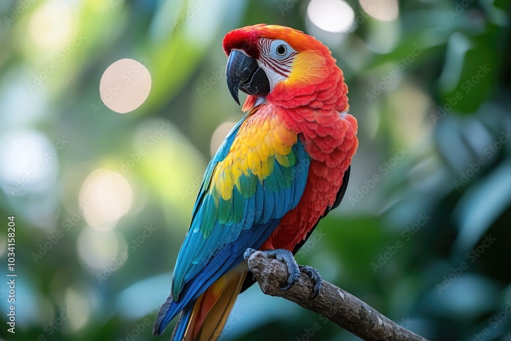 Scarlet macaw perched on branch in lush green forest Scarlet macaw perched on branch in lush green forest