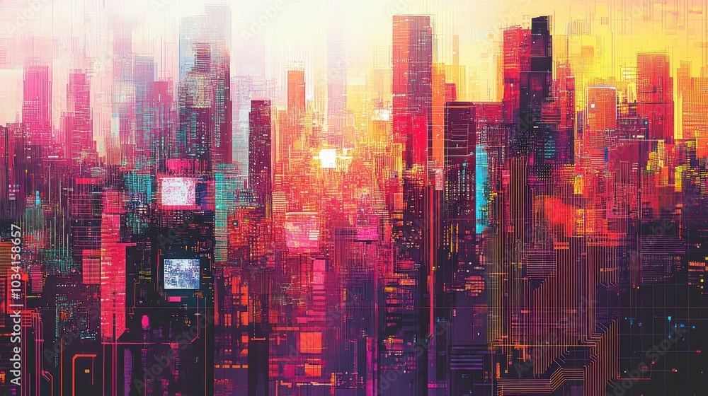 Vibrant Cityscape at Sunset with Abstract Digital Art Elements and Neon Hues Vibrant Cityscape at Sunset with Abstract Digital Art Elements and Neon Hues