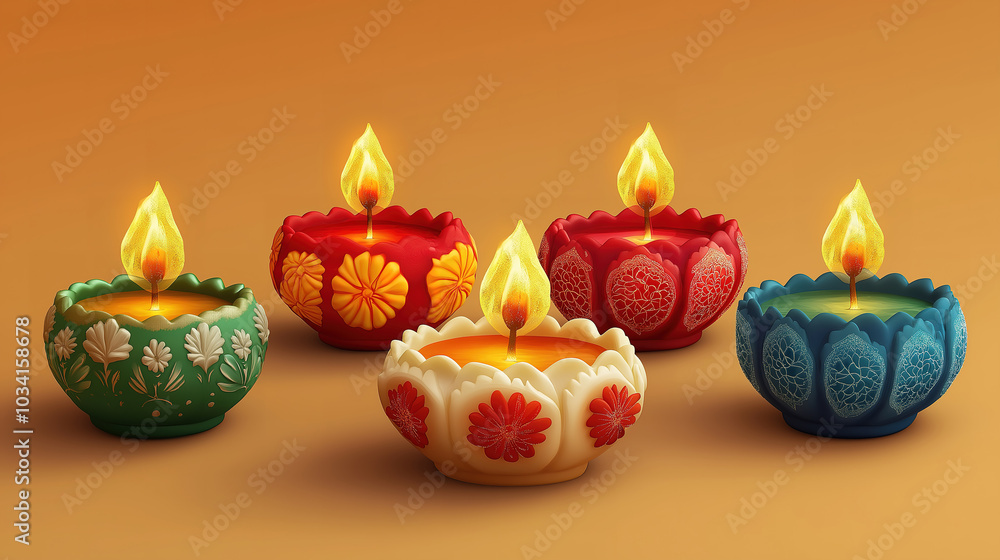 Festive Atmosphere with Indian Oil Lamps and Candles for a Happy Diwali Celebration Festive Atmosphere with Indian Oil Lamps and Candles for a Happy Diwali Celebration