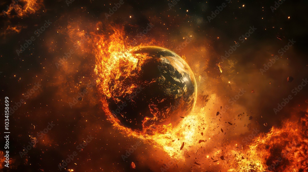 A burning planet with a fiery glow in space. A burning planet with a fiery glow in space.