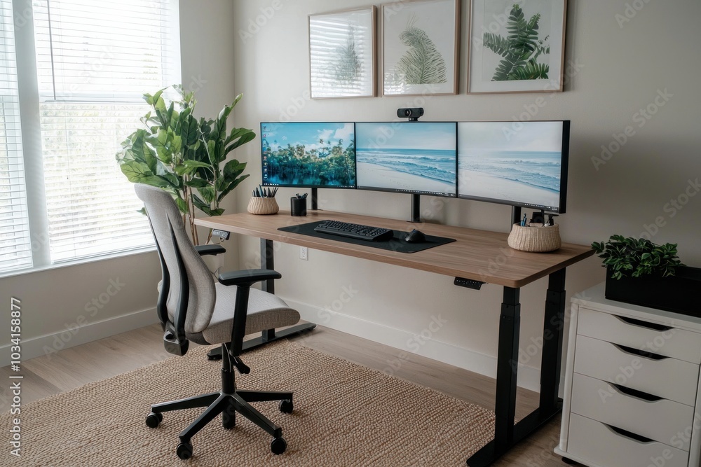 Fototapeta premium Modern Home Office Setup with Dual Monitors Ergonomic Chair and Indoor Plants for Productive Work Environment
