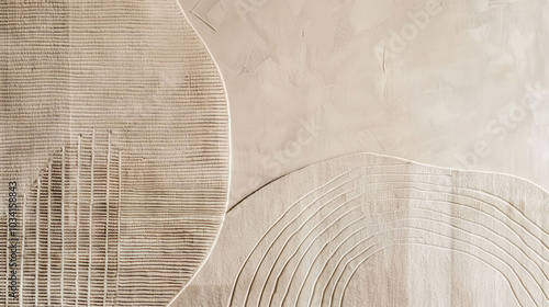 Beige wall with a pattern of lines and curves, white and brown colors, beige tone, minimalist abstract background