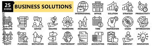 Business Solutions icon collection set. Containing design management, planning, innovation, communication, partnership