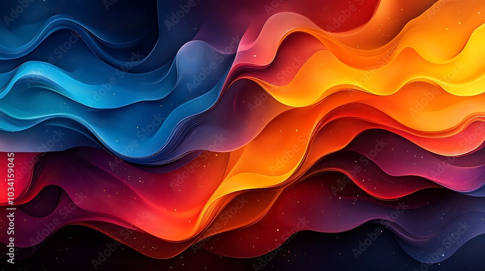 Abstract background with blue, orange, and red wavy shapes and glitter. Abstract background with blue, orange, and red wavy shapes and glitter.