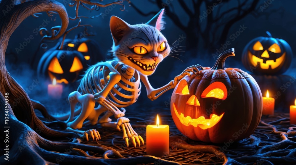 3D skeleton cat playing with a pumpkin on Halloween night 3D skeleton cat playing with a pumpkin on Halloween night