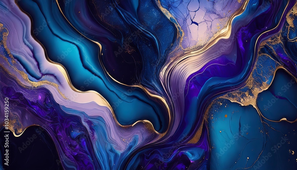 Abstract with swirling blue and purple paint and gold accents Abstract with swirling blue and purple paint and gold accents