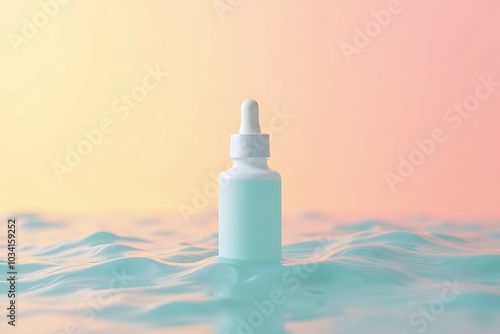 Moisturizing serum for the skin stands in the water on a pink-yellow background.