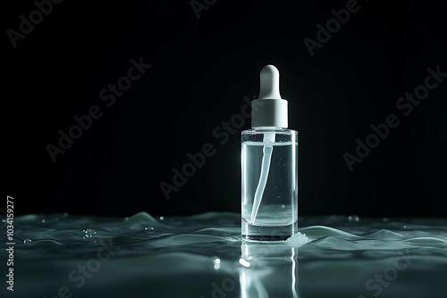 Serum glass bottle with water waves on black background