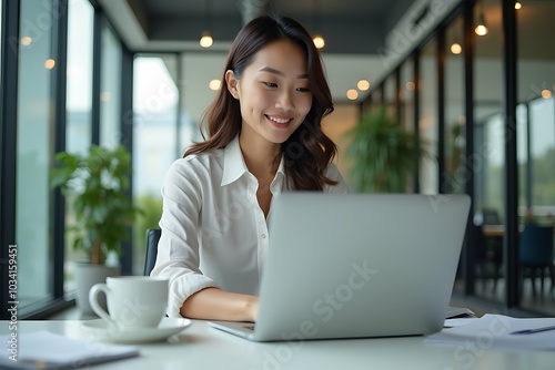 Beautiful woman working using laptop in office