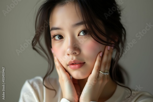 Beauty concept of middle-aged Asian woman with natural make-up. Skin care. Cosmetics. Healthy lifestyle.