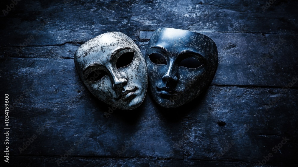 Classic theatrical masks representing comedy and tragedy, lying on a dark stage, symbolizing the emotional range in drama performances Classic theatrical masks representing comedy and tragedy, lying on a dark stage, symbolizing the emotional range in drama performances