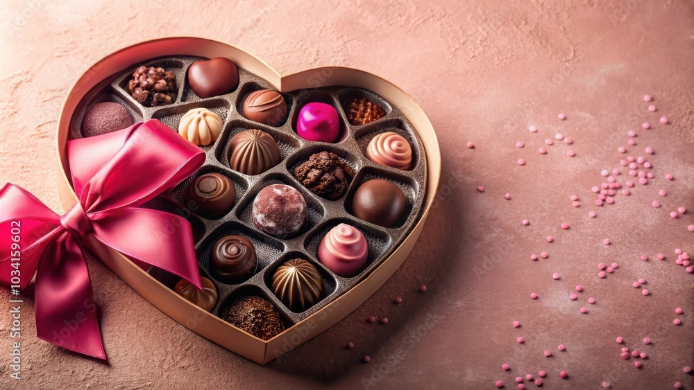 Heart-shaped box filled with assorted chocolates, tied with a pink satin ribbon, rests on a blush-colored surface scattered with pink sprinkles Heart-shaped box filled with assorted chocolates, tied with a pink satin ribbon, rests on a blush-colored surface scattered with pink sprinkles