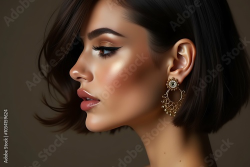Beautiful Woman Profile Portrait with Golden Earring Bob Hair Style over dark Brown. Beauty Model Face with perfect Nose and Full Lips Make up side view. Sexy Girl Glamour Portrait