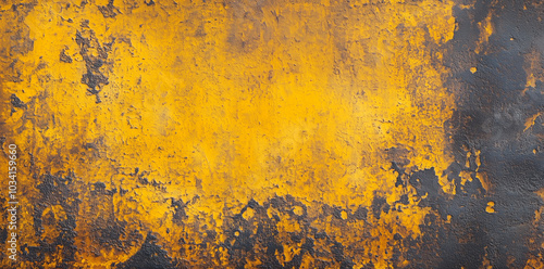 Rusty yellow and black metal texture with corrosion and peeling paint surface background