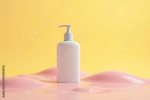 Bottle with cosmetic product on yellow background