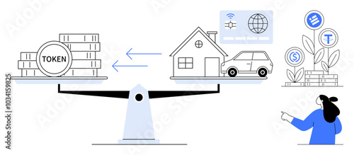 A balanced scale with tokens on one side and a house and car on the other. A person points to digital icons representing financial growth and technology. Ideal for digital currency, real estate