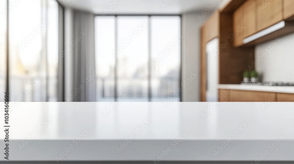 Fototapeta premium Clean, empty white countertop with blurred kitchen background, ideal for showcasing products or creating a minimalist kitchen mockup