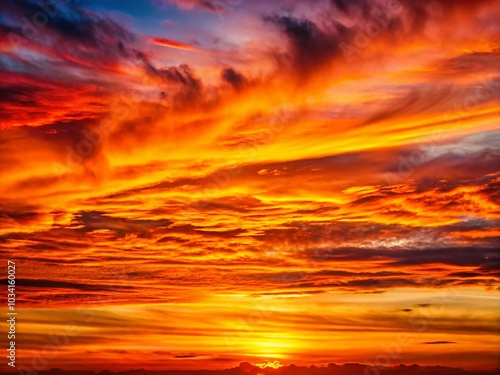 Stunning Minimalist Sunset Sky with Vibrant Orange, Red, and Yellow Clouds for Tranquil Nature Photography