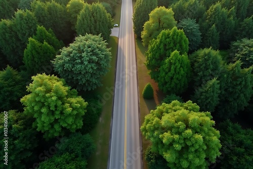 Aerial view from above of country road through the green summer forest in summer drone photography