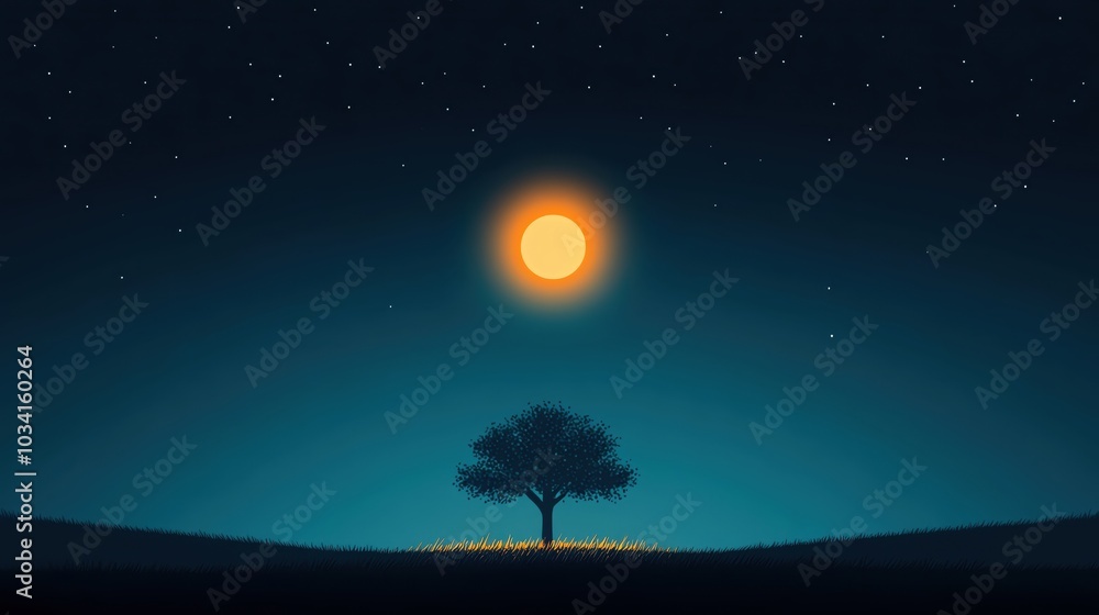 Fototapeta premium Lonely tree under a bright moon in a serene twilight sky.