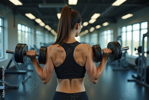 Attractive fit woman works out with dumbbells as a fitness conceptual over. fitness center background.