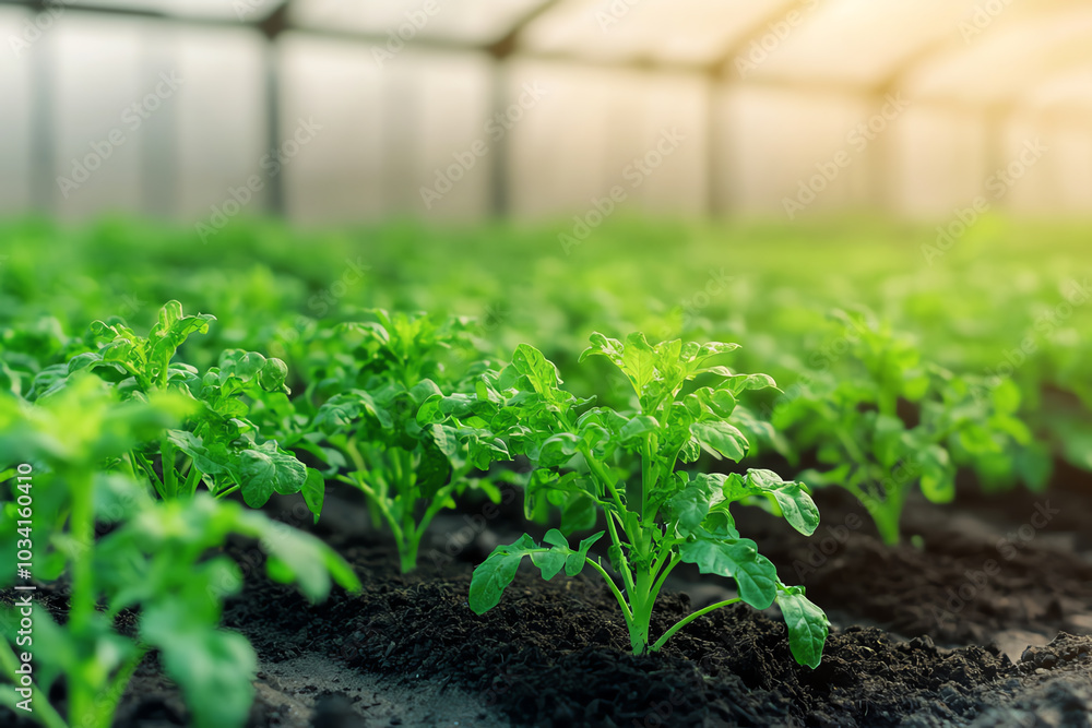 Green plants growing in a greenhouse environment Green plants growing in a greenhouse environment