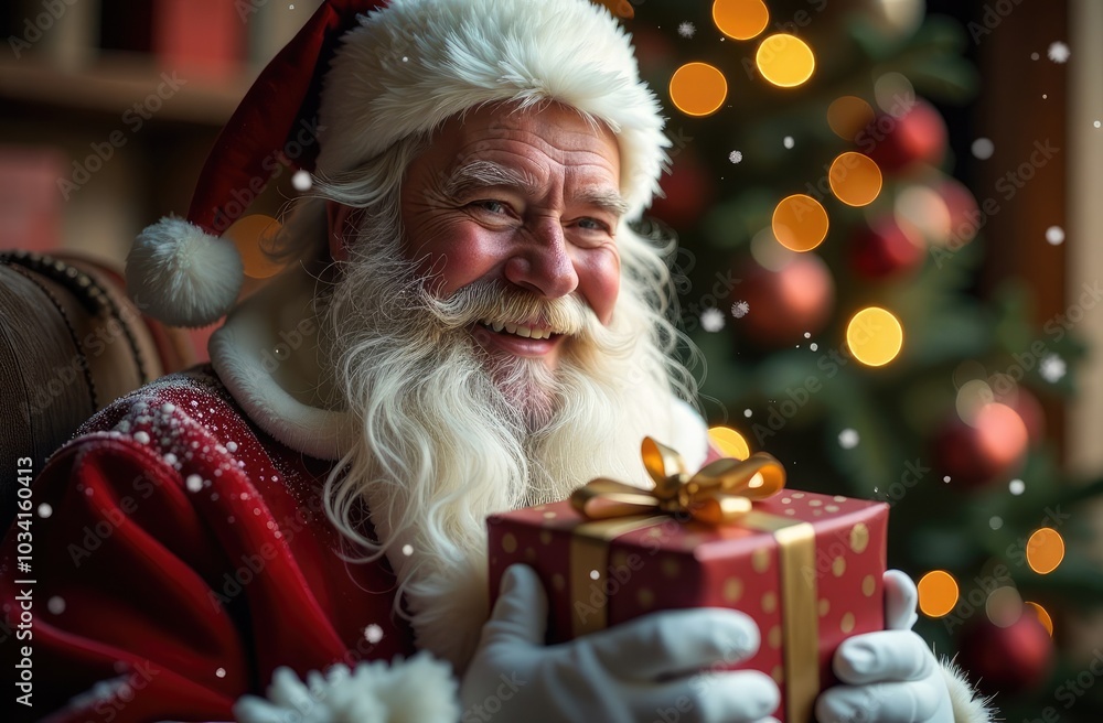 Close up of Santa Claus holding holiday gifts Close up of Santa Claus holding holiday gifts
