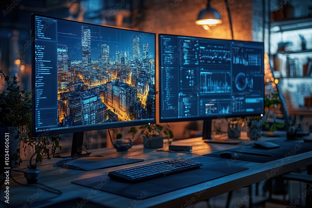 Workstation with dual monitors showcasing cityscape and analytics data, ideal for tech and finance themes. Modern workspace setup. Workstation with dual monitors showcasing cityscape and analytics data, ideal for tech and finance themes. Modern workspace setup.