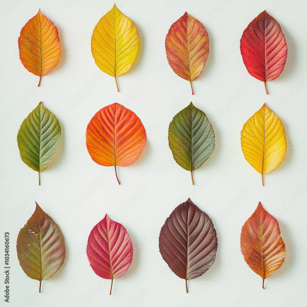 Obraz premium This image showcases twelve diverse autumn leaves in a perfect grid arrangement against a clean white backdrop, offering a vibrant study of autumn's natural beauty.