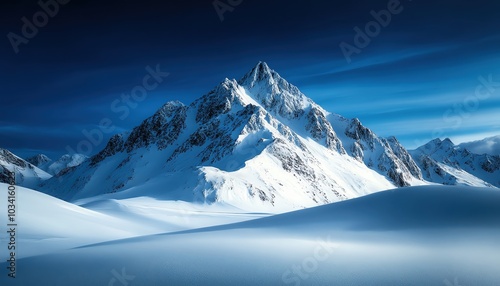 Majestic snow-covered mountains under a clear blue sky, serene winter landscape.