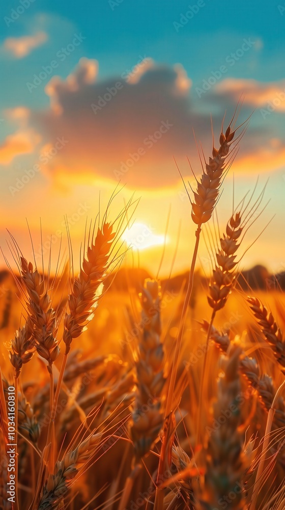Golden wheat field glowing in sunset light. rural tranquility and the beauty of agriculture Golden wheat field glowing in sunset light. rural tranquility and the beauty of agriculture
