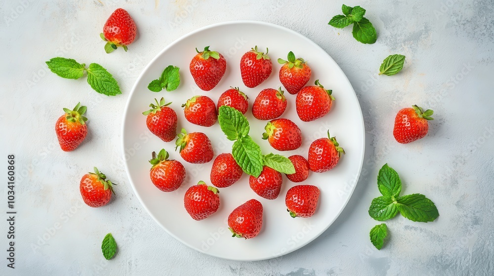 Fresh Strawberries with Mint Leaves on White Plate Fresh Strawberries with Mint Leaves on White Plate
