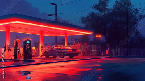 A neon-lit gas station at night, reflecting vibrant colors on wet pavement. photo