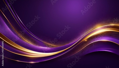 Abstract purple background with golden waves, shining and sparkling.