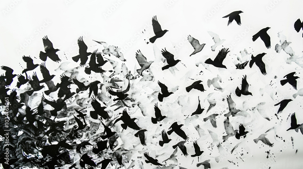 Dynamic Black and White Bird Flock in Flight Against a Minimalist White Background Capturing Movement and Freedom Dynamic Black and White Bird Flock in Flight Against a Minimalist White Background Capturing Movement and Freedom