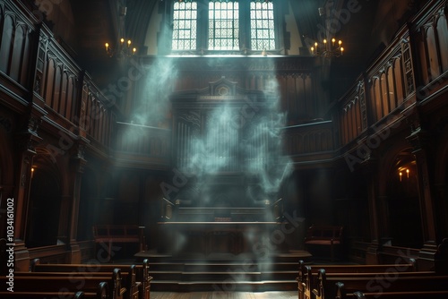 Wallpaper Mural Sunlight streams through large windows, filling a historic courtroom with mist, highlighting intricate woodwork and an empty judges bench Torontodigital.ca