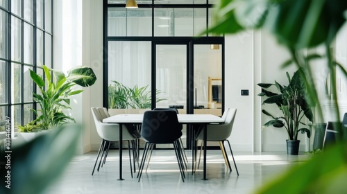 Clean white wall with a stylish black-framed glass door  giving access to a professional meeting room  ideal for corporate or office design visuals