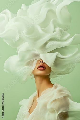 Minimalist fashion photography of a model with flowing white fabric obscuring her face, creating an avant-garde and ethereal couture look
