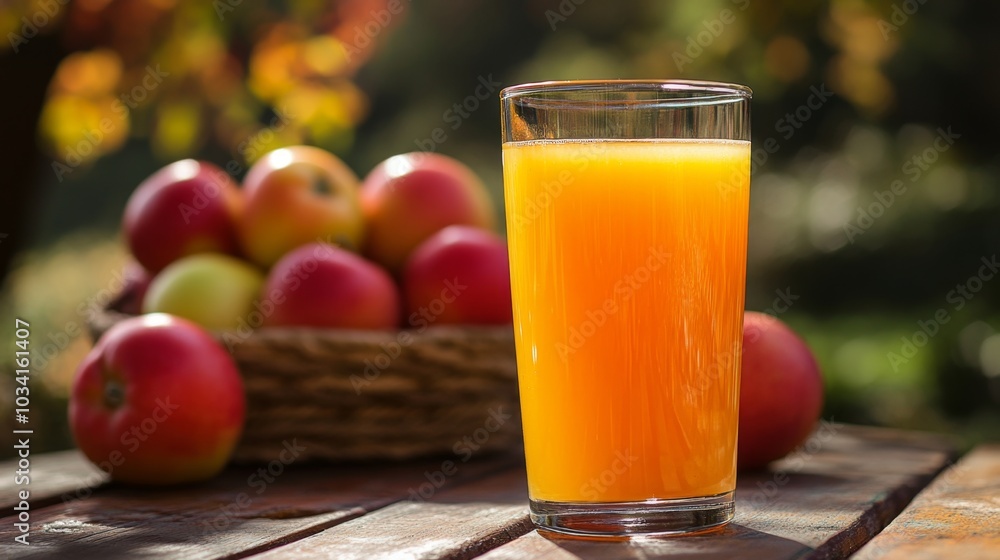 Refreshing Apple Juice Served in a Glass with Apples in a Basket on a Rustic Wooden Table Setting Refreshing Apple Juice Served in a Glass with Apples in a Basket on a Rustic Wooden Table Setting