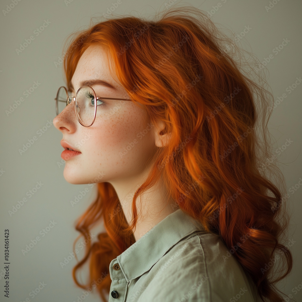 A serene portrait of a red-haired woman wearing glasses in profile. Her neutral shirt complements the calm, introspective mood set against a muted backdrop. A serene portrait of a red-haired woman wearing glasses in profile. Her neutral shirt complements the calm, introspective mood set against a muted backdrop.