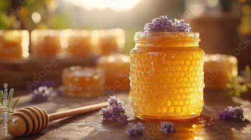 A Jar of Honey with Golden Honey Dripping Down, Highlighting Its Natural Beauty and Rich Texture. Perfect for Themes Related to Organic Food, Sweetness, Health, Nature, or Culinary Delights. 