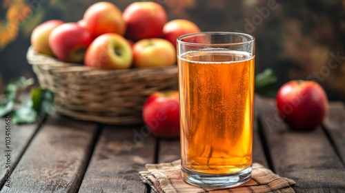 A Refreshing Glass of Sparkling Apple Juice Surrounded by Juicy Red Apples and Rustic Atmosphere