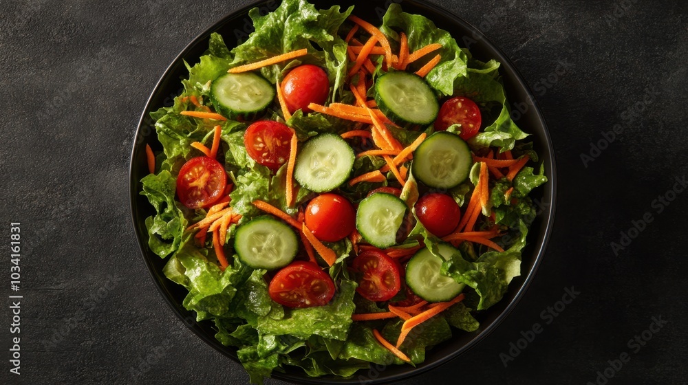 Close-up of a fresh garden salad with crisp greens, ripe cherry tomatoes, cucumbers, and shredded carrots on a neutral background Close-up of a fresh garden salad with crisp greens, ripe cherry tomatoes, cucumbers, and shredded carrots on a neutral background