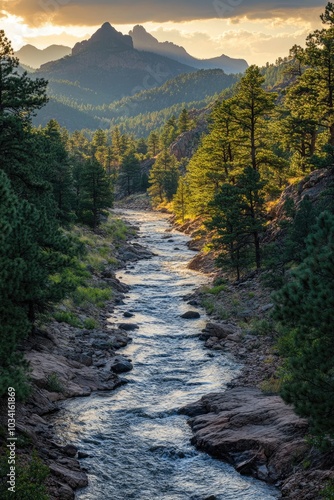 River flowing through forest valley at sunset with mountain peaks