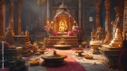 A beautifully detailed depiction of a Hindu temple ceremony, with intricate decorations and religious offerings.