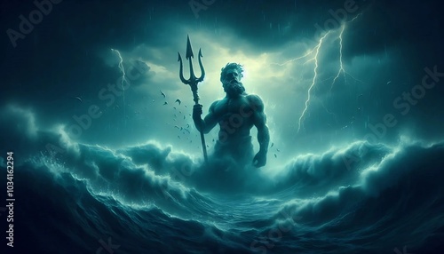 Majestic depiction of Poseidon, the Greek god of the sea, rising from stormy waves. Holding his iconic trident under dark skies, surrounded by crashing waters, lightning, and turbulent seas.