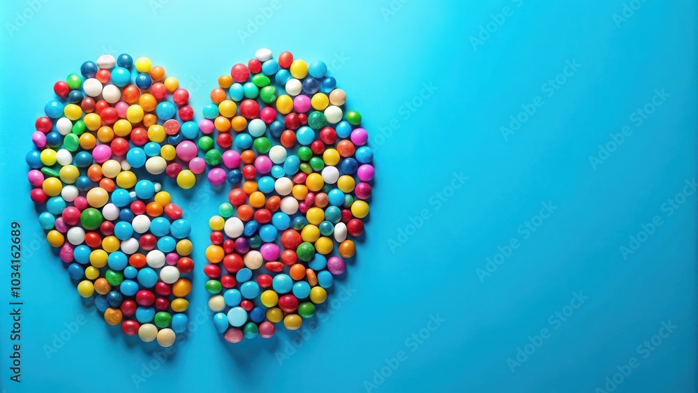 A vibrant heart shape is created by colorful candy against a bright blue background, symbolizing love and sweetness. A vibrant heart shape is created by colorful candy against a bright blue background, symbolizing love and sweetness.