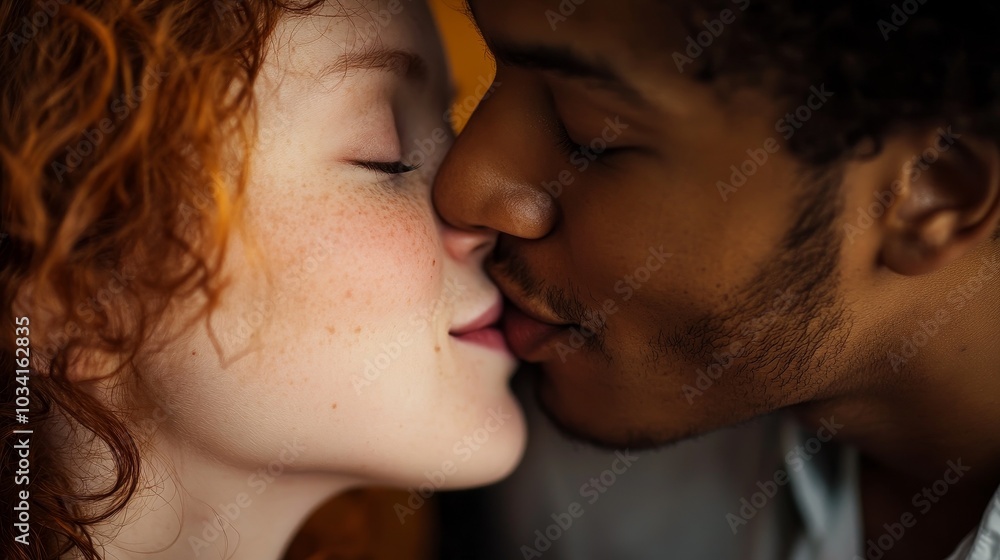 Couple sharing a romantic kiss at home during cozy evening hours Couple sharing a romantic kiss at home during cozy evening hours